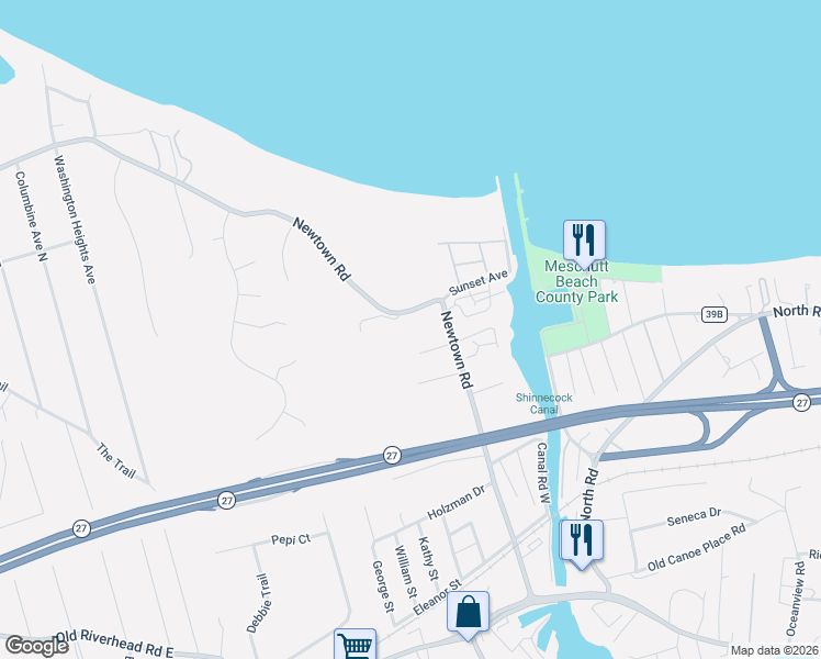 map of restaurants, bars, coffee shops, grocery stores, and more near 57 Newtown Road in Hampton Bays