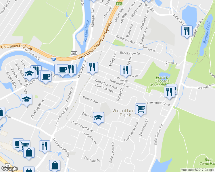 map of restaurants, bars, coffee shops, grocery stores, and more near 59 Cedarhurst Avenue in Woodland Park