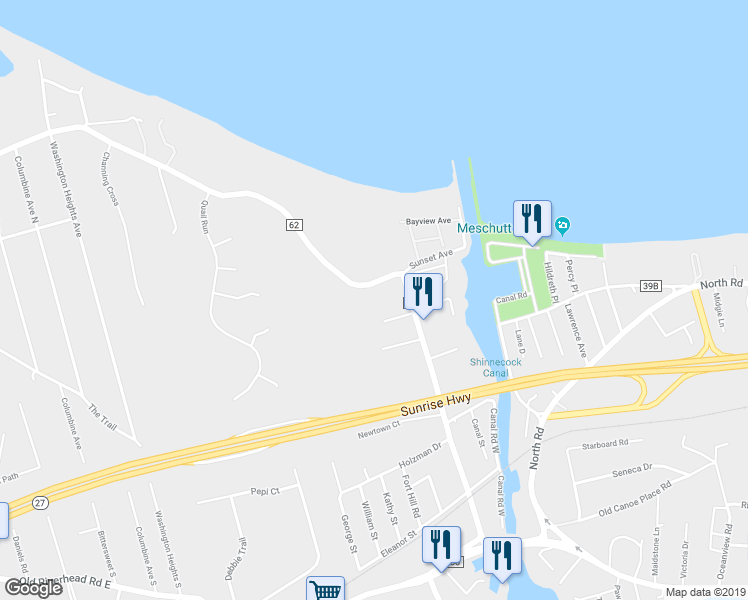 map of restaurants, bars, coffee shops, grocery stores, and more near 57 Newtown Road in Hampton Bays