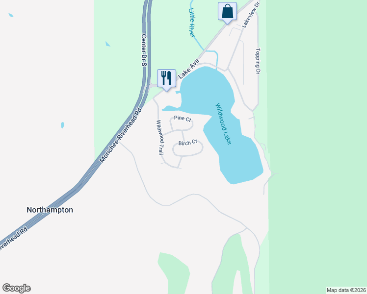 map of restaurants, bars, coffee shops, grocery stores, and more near 41 Birch Court in Riverhead
