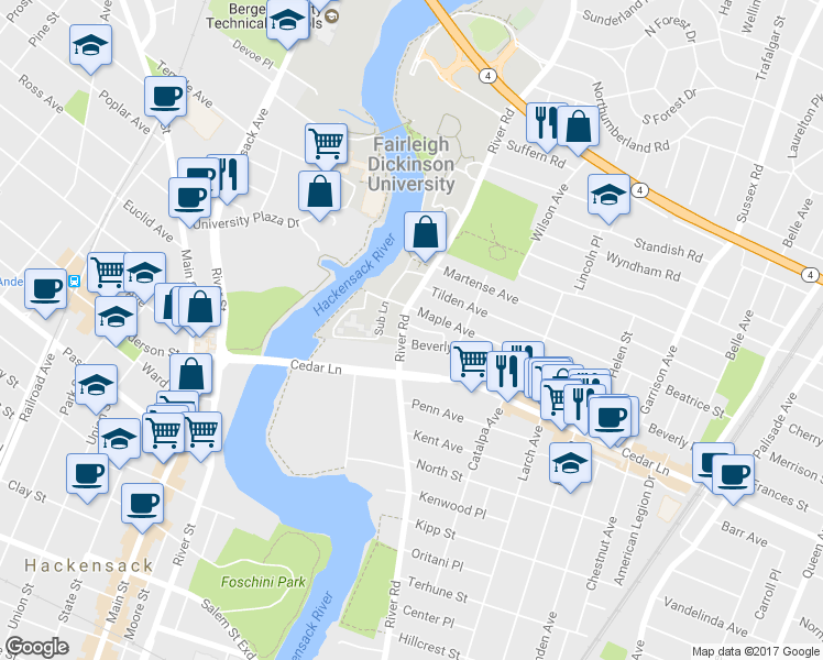 map of restaurants, bars, coffee shops, grocery stores, and more near 694 Sunset Road in Teaneck