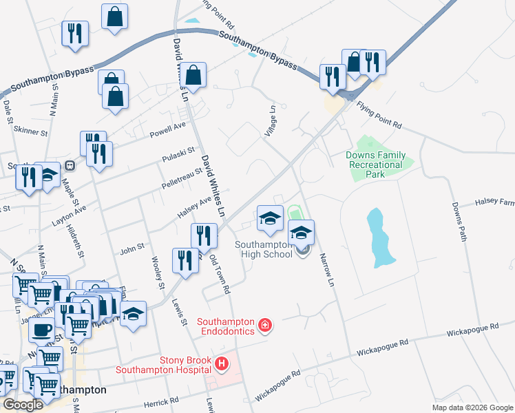 map of restaurants, bars, coffee shops, grocery stores, and more near 10 Leland Lane in Southampton