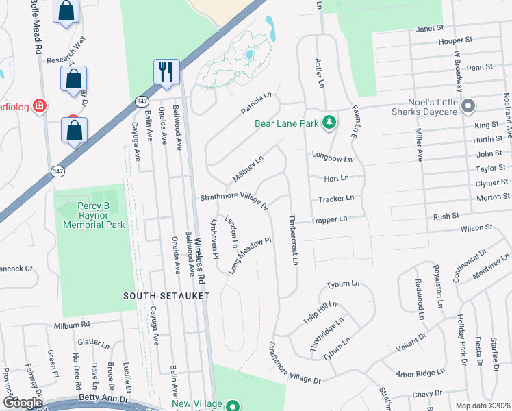map of restaurants, bars, coffee shops, grocery stores, and more near 96 Strathmore Village Drive in Centereach