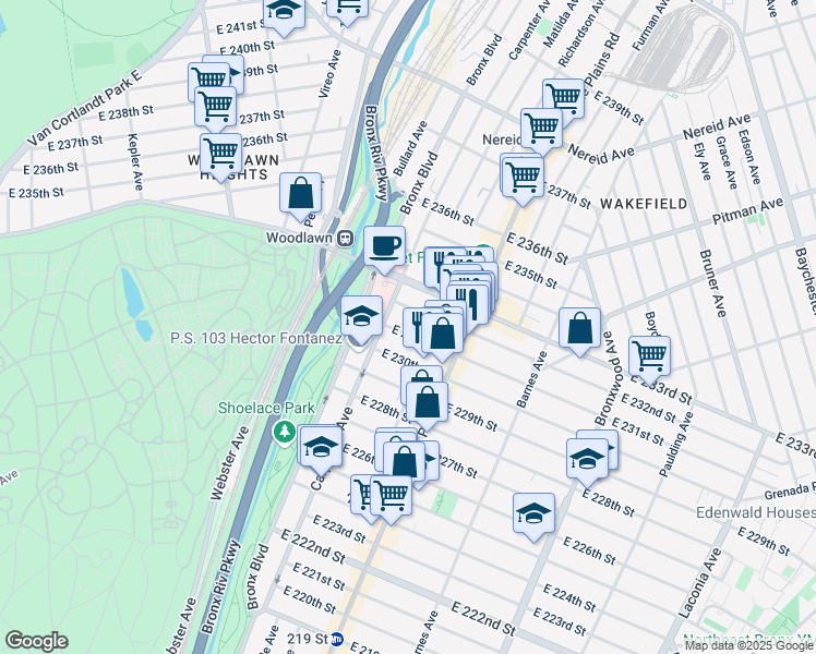map of restaurants, bars, coffee shops, grocery stores, and more near 645 East 231st Street in Bronx