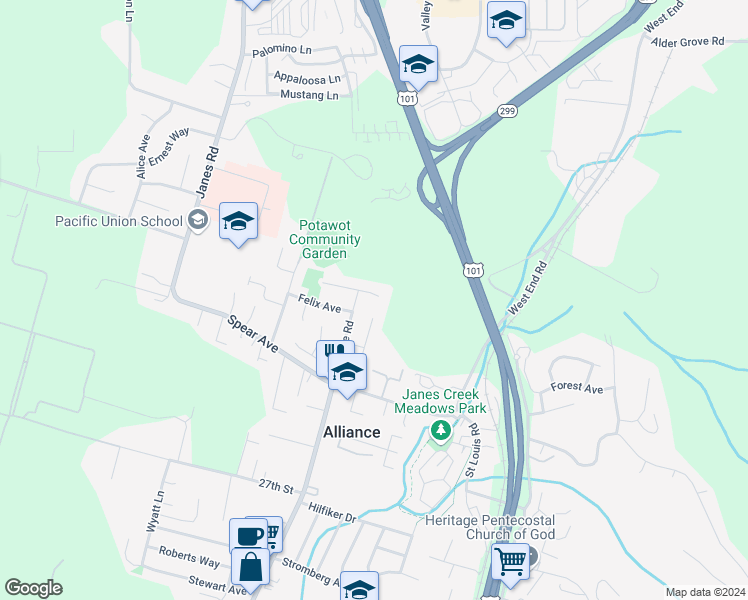 map of restaurants, bars, coffee shops, grocery stores, and more near 1637 Benjamin Court in Arcata