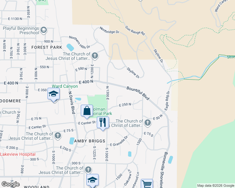 map of restaurants, bars, coffee shops, grocery stores, and more near 1357 Pheasant Ridge Circle in Bountiful