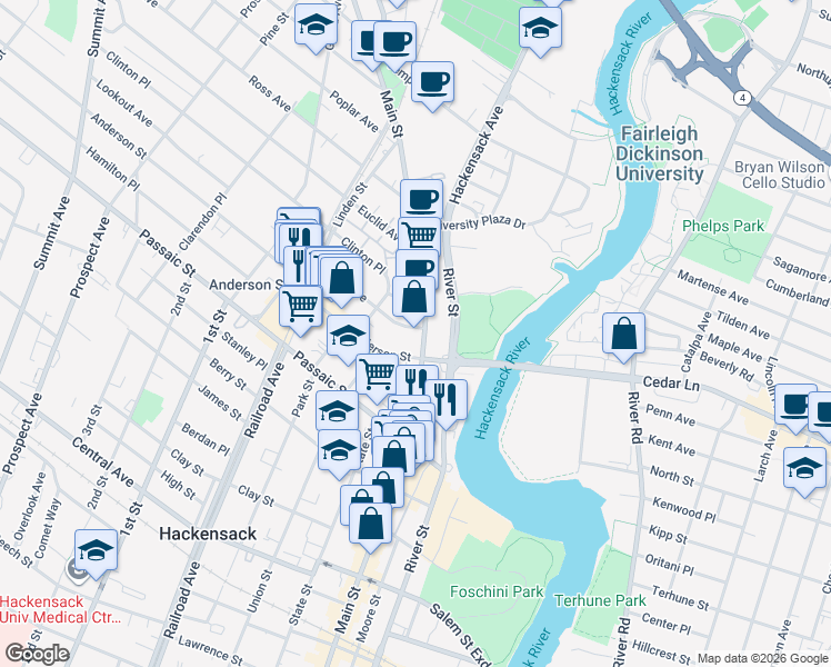 map of restaurants, bars, coffee shops, grocery stores, and more near 453 Main Street in Hackensack