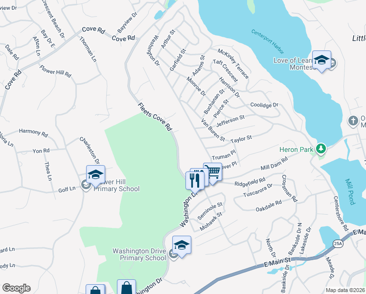 map of restaurants, bars, coffee shops, grocery stores, and more near 35 Fleets Cove Road in Huntington