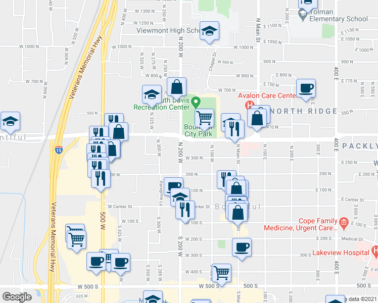 map of restaurants, bars, coffee shops, grocery stores, and more near 182 West 300 North in Bountiful