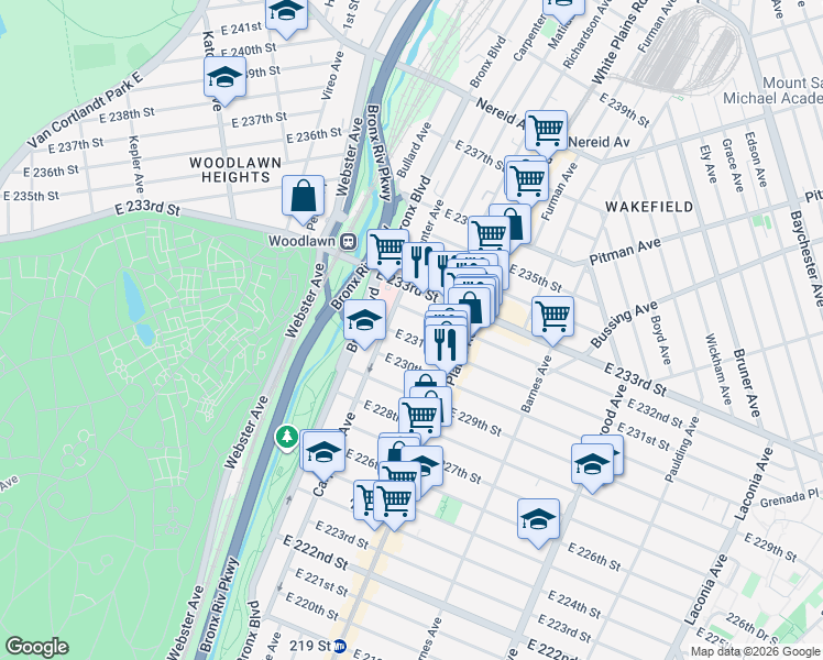 map of restaurants, bars, coffee shops, grocery stores, and more near 645 East 231st Street in Bronx