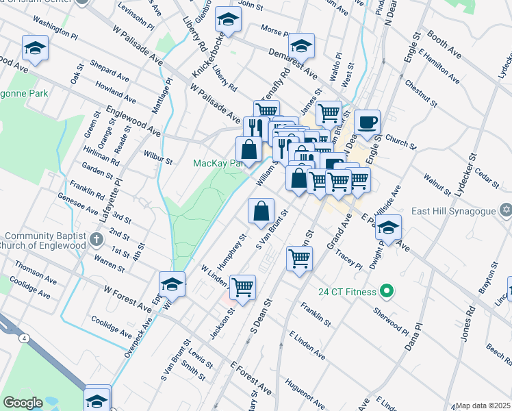 map of restaurants, bars, coffee shops, grocery stores, and more near 56 West Englewood Avenue in Englewood