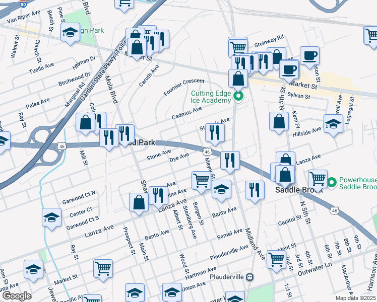 map of restaurants, bars, coffee shops, grocery stores, and more near 406 U.S. 46 in Elmwood Park