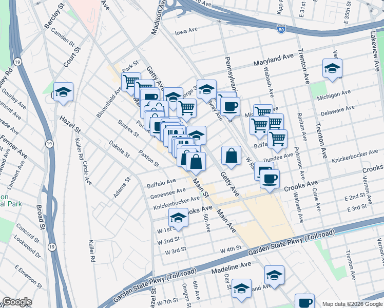 map of restaurants, bars, coffee shops, grocery stores, and more near 11 Michigan Avenue in Paterson