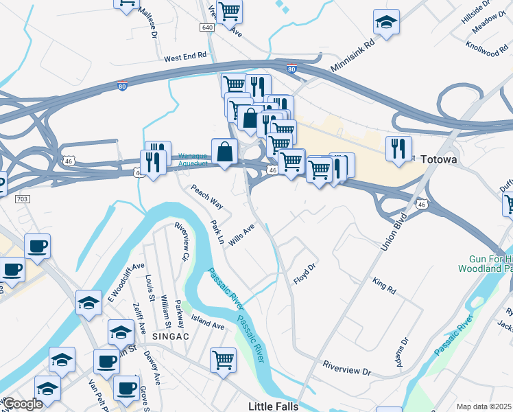 map of restaurants, bars, coffee shops, grocery stores, and more near 2 Tow Path Crescent in Totowa