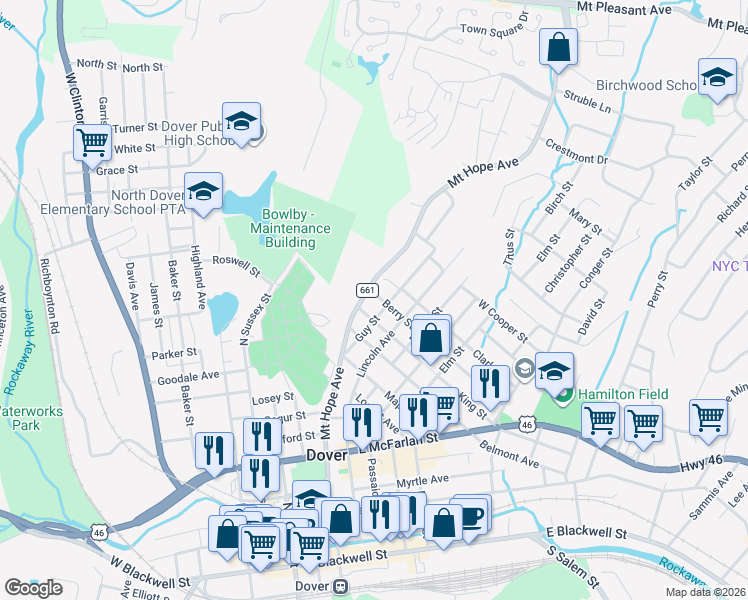 map of restaurants, bars, coffee shops, grocery stores, and more near 4 Berry Street in Dover