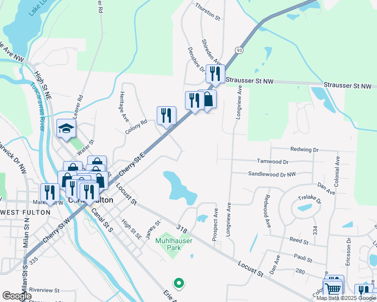 map of restaurants, bars, coffee shops, grocery stores, and more near 304 Steiner Street in Canal Fulton
