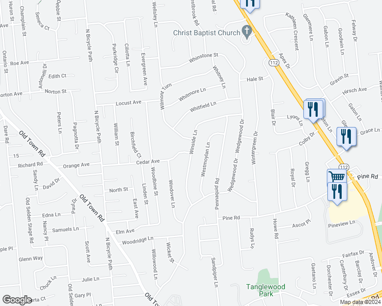 map of restaurants, bars, coffee shops, grocery stores, and more near Winside Lane in Coram