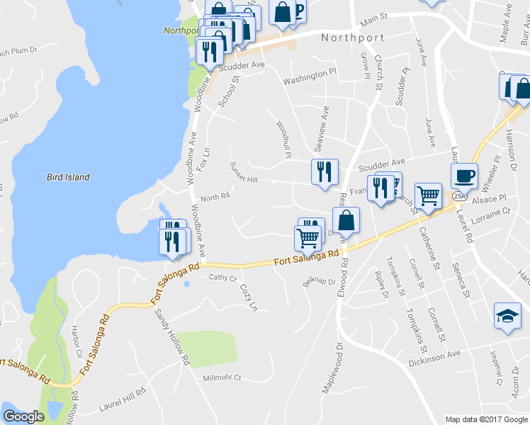 map of restaurants, bars, coffee shops, grocery stores, and more near 9 Tracey Court in Northport