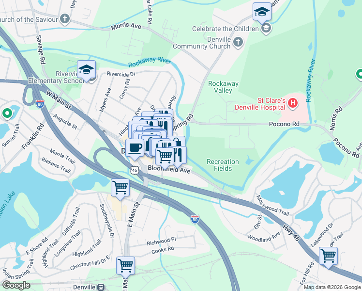 map of restaurants, bars, coffee shops, grocery stores, and more near 4 3rd Avenue in Denville