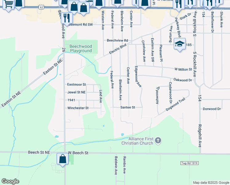 map of restaurants, bars, coffee shops, grocery stores, and more near 2859 Federal Avenue in Alliance