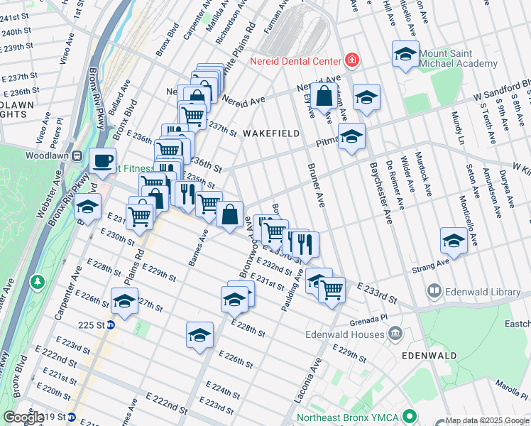 map of restaurants, bars, coffee shops, grocery stores, and more near 4154 Digney Avenue in Bronx