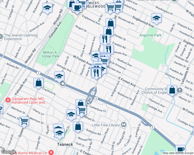 map of restaurants, bars, coffee shops, grocery stores, and more near 1150 Teaneck Road in Teaneck