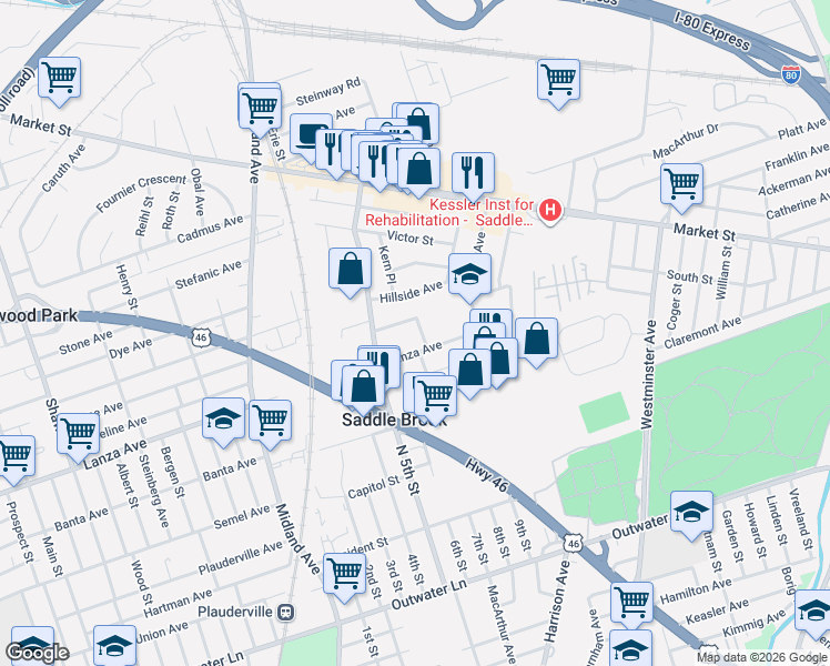 map of restaurants, bars, coffee shops, grocery stores, and more near 296 Grace Avenue in Saddle Brook