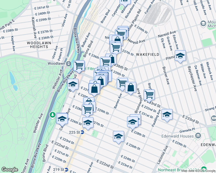 map of restaurants, bars, coffee shops, grocery stores, and more near 708 East 233rd Street in The Bronx