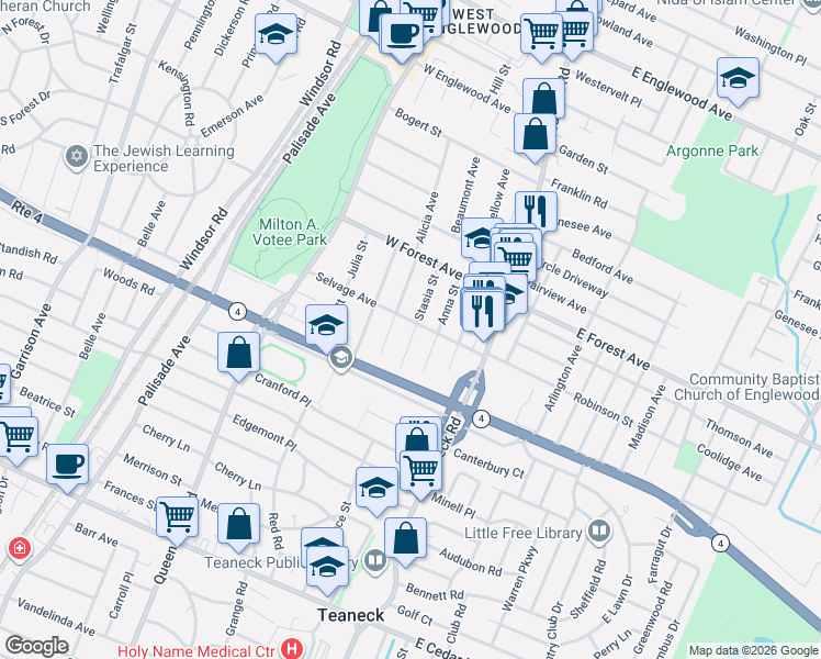 map of restaurants, bars, coffee shops, grocery stores, and more near 88 Selvage Avenue in Teaneck