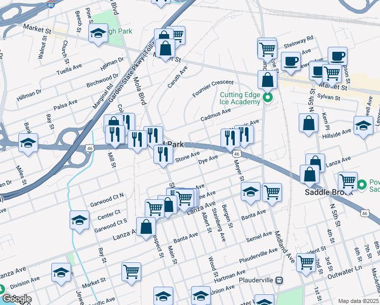 map of restaurants, bars, coffee shops, grocery stores, and more near 41 Stone Avenue in Elmwood Park