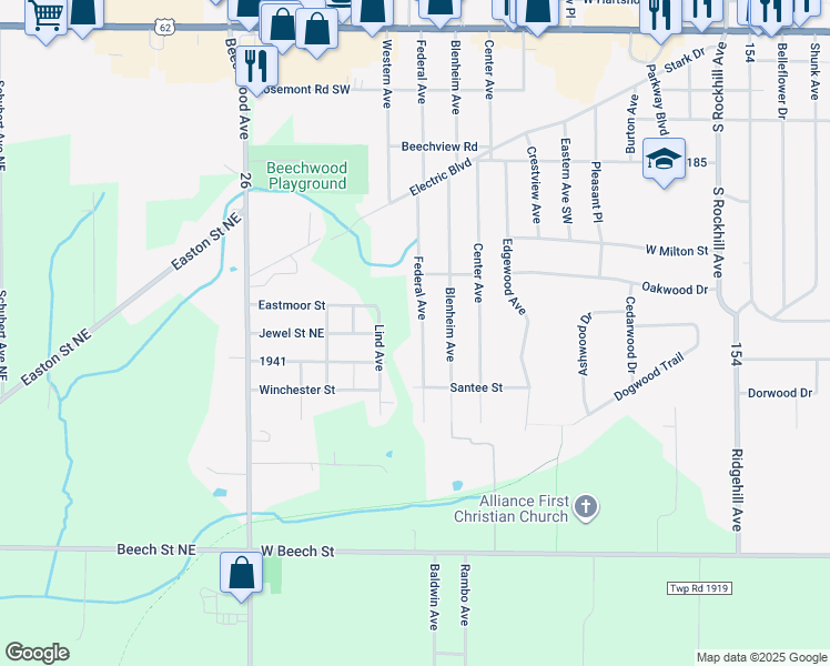 map of restaurants, bars, coffee shops, grocery stores, and more near 2859 Federal Avenue in Alliance