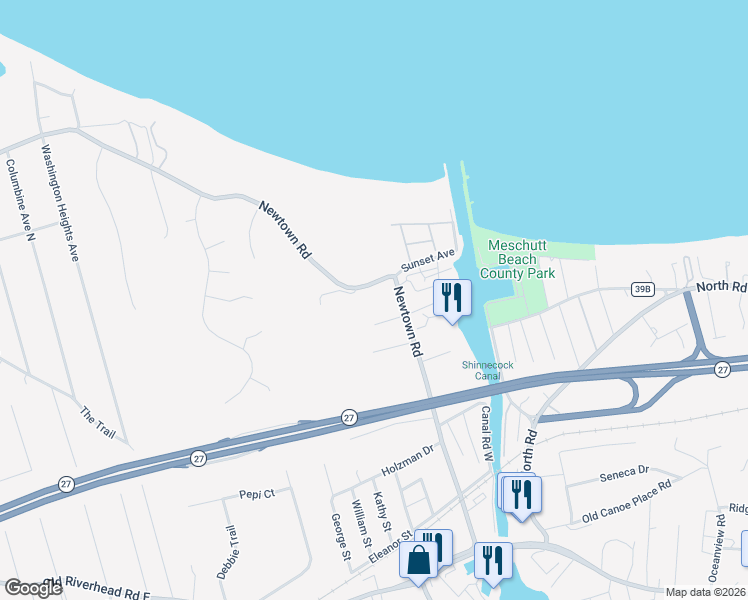 map of restaurants, bars, coffee shops, grocery stores, and more near 57 Newtown Road in Hampton Bays