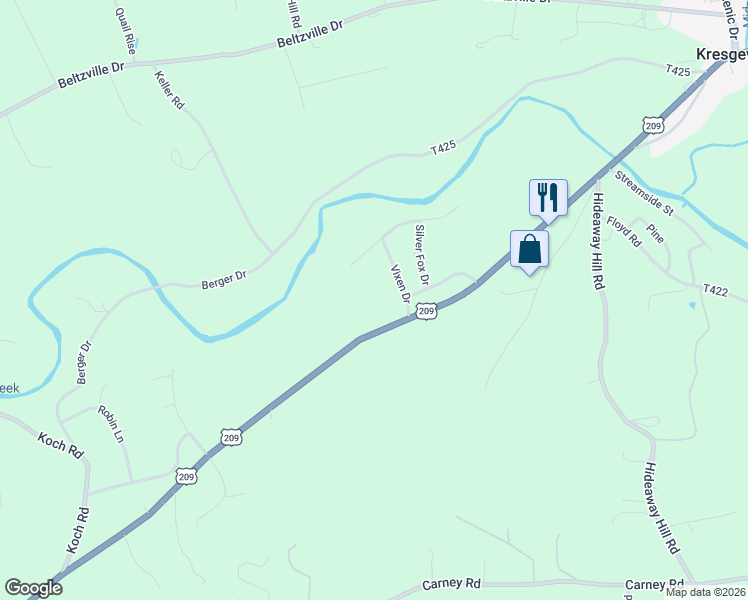 map of restaurants, bars, coffee shops, grocery stores, and more near 2 Vixen Drive in Monroe County