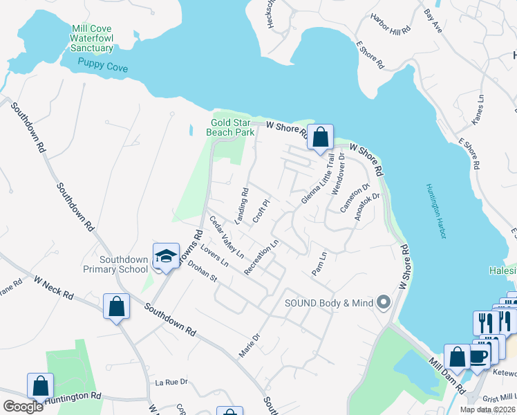 map of restaurants, bars, coffee shops, grocery stores, and more near 11 Croft Place in Huntington