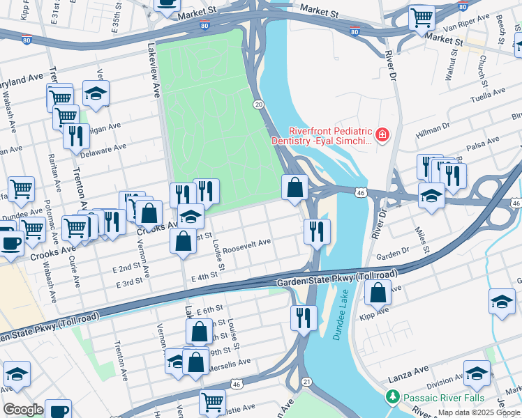 map of restaurants, bars, coffee shops, grocery stores, and more near 93 Crooks Avenue in Clifton