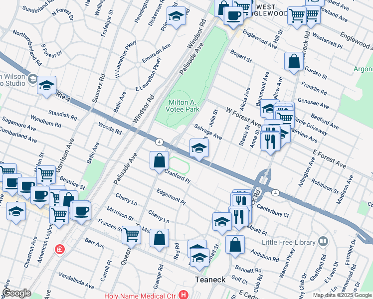 map of restaurants, bars, coffee shops, grocery stores, and more near 202 Kings Court in Teaneck