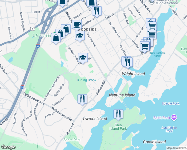 map of restaurants, bars, coffee shops, grocery stores, and more near 27 Belvidere Place in New Rochelle