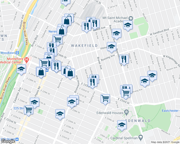 map of restaurants, bars, coffee shops, grocery stores, and more near 4147 Gunther Avenue in The Bronx