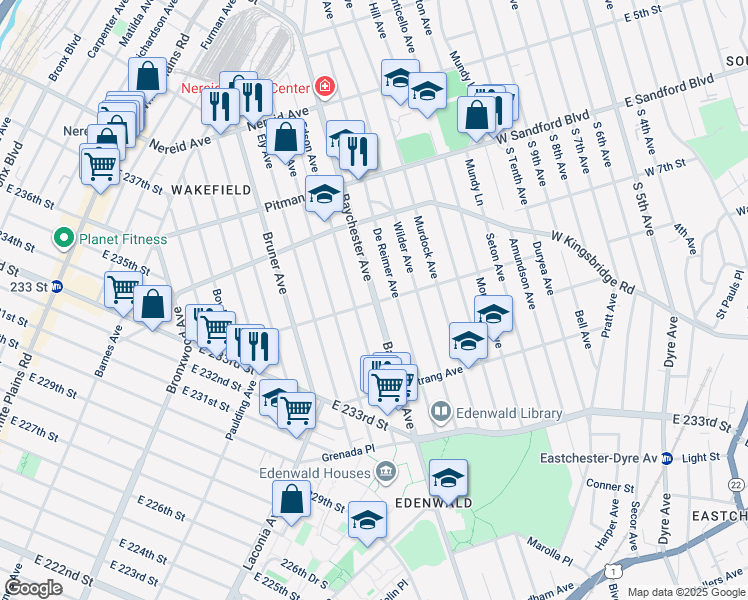 map of restaurants, bars, coffee shops, grocery stores, and more near 4100 Baychester Avenue in The Bronx
