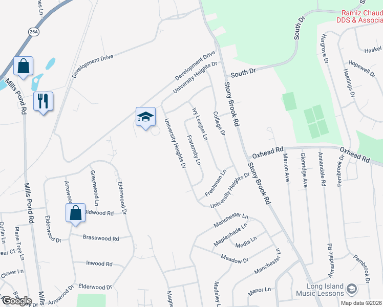 map of restaurants, bars, coffee shops, grocery stores, and more near 16 Fraternity Lane in Stony Brook