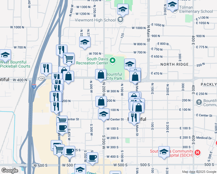 map of restaurants, bars, coffee shops, grocery stores, and more near 182 West 300 North in Bountiful