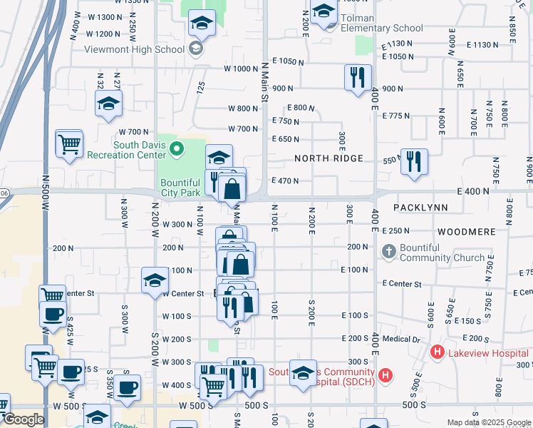 map of restaurants, bars, coffee shops, grocery stores, and more near 321 North 100 West in Bountiful