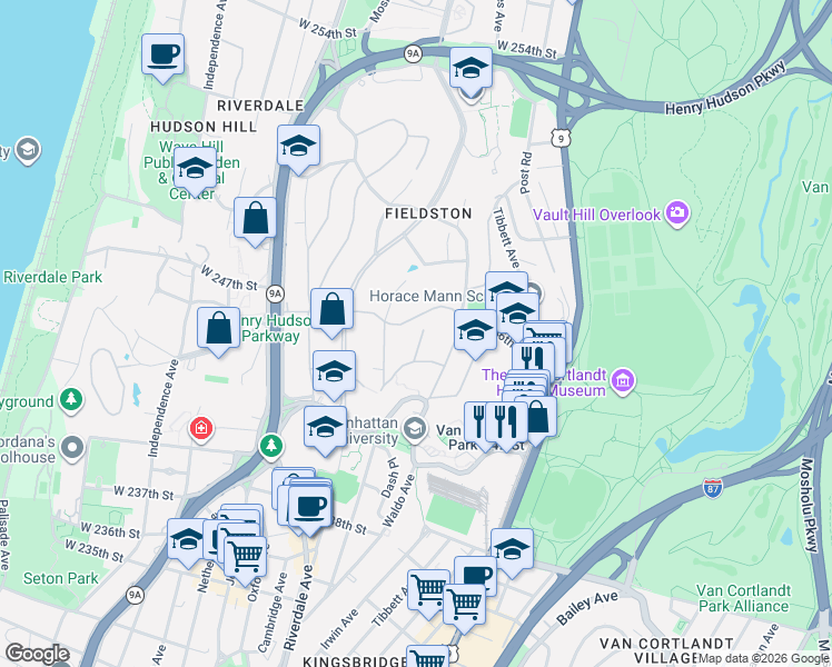 map of restaurants, bars, coffee shops, grocery stores, and more near 376 West 246th Street in Bronx