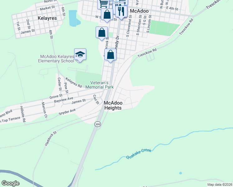 map of restaurants, bars, coffee shops, grocery stores, and more near 123 Tresckow Rd in McAdoo