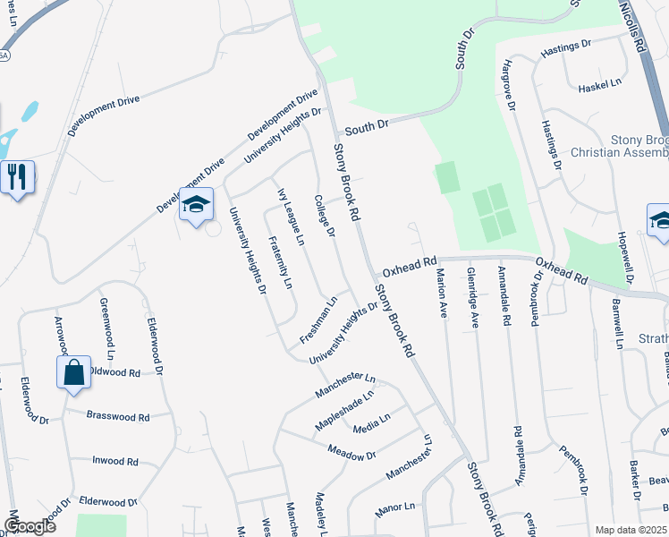 map of restaurants, bars, coffee shops, grocery stores, and more near 10 College Drive in Stony Brook