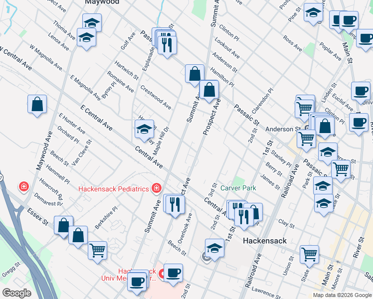 map of restaurants, bars, coffee shops, grocery stores, and more near 280 Summit Avenue in Hackensack