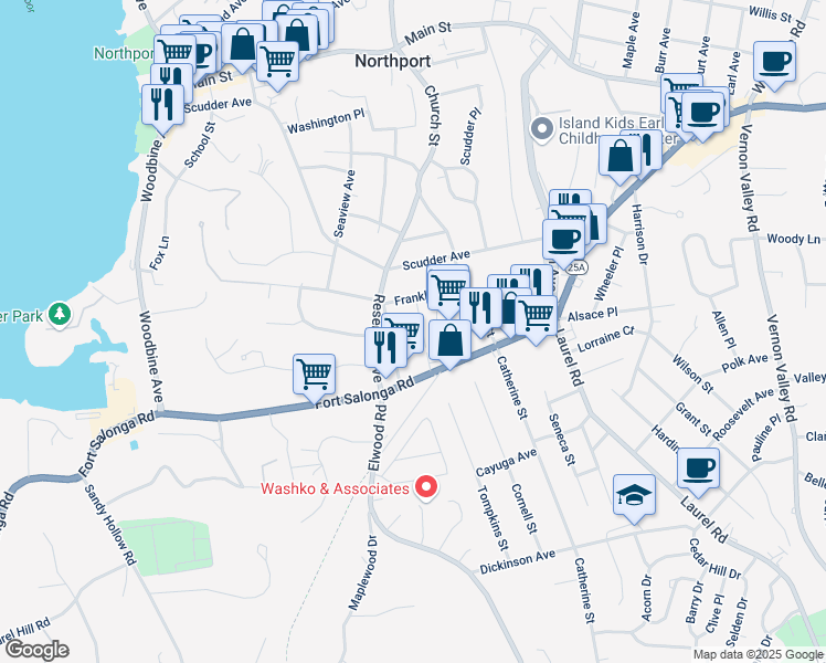 map of restaurants, bars, coffee shops, grocery stores, and more near 54 Lincoln Avenue in Northport