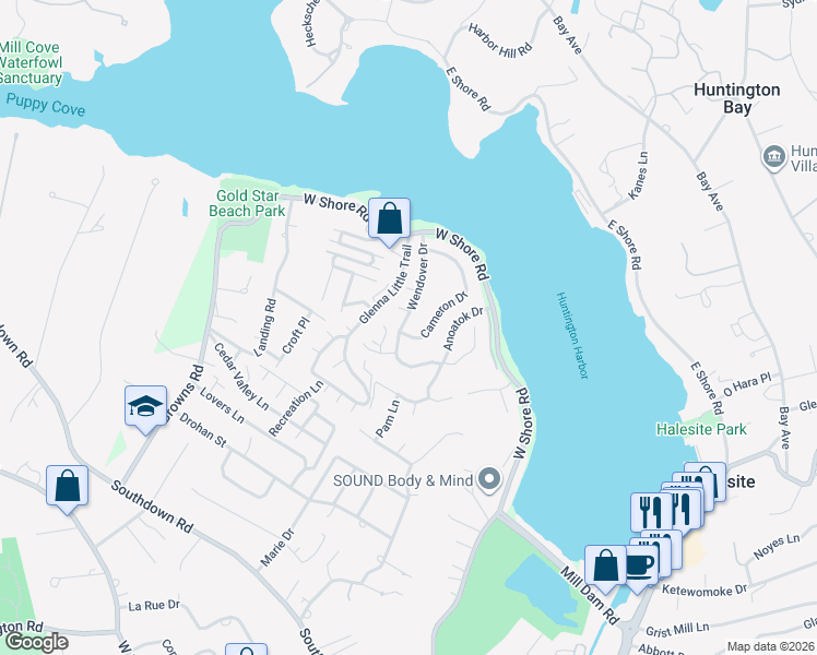 map of restaurants, bars, coffee shops, grocery stores, and more near 40 Wendover Drive in Huntington