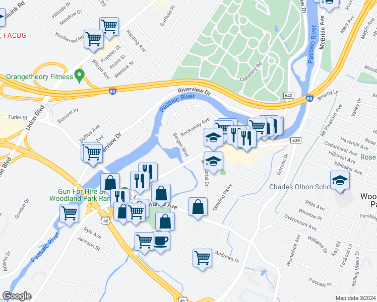 map of restaurants, bars, coffee shops, grocery stores, and more near 303 Bergen Boulevard in Woodland Park
