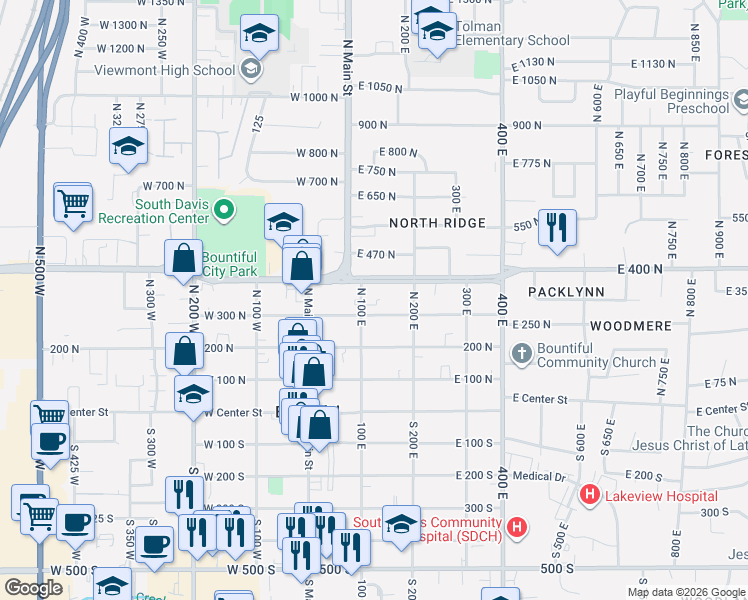 map of restaurants, bars, coffee shops, grocery stores, and more near 141 300 North in Bountiful